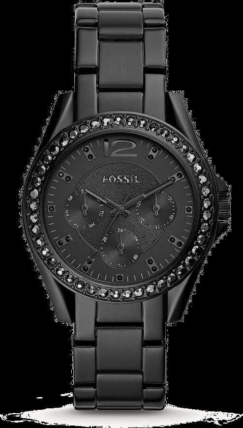 Montre Fossil ES4519 au cadran noir soleillé avec aiguilles dorées et index bâtons, style moderne et élégant