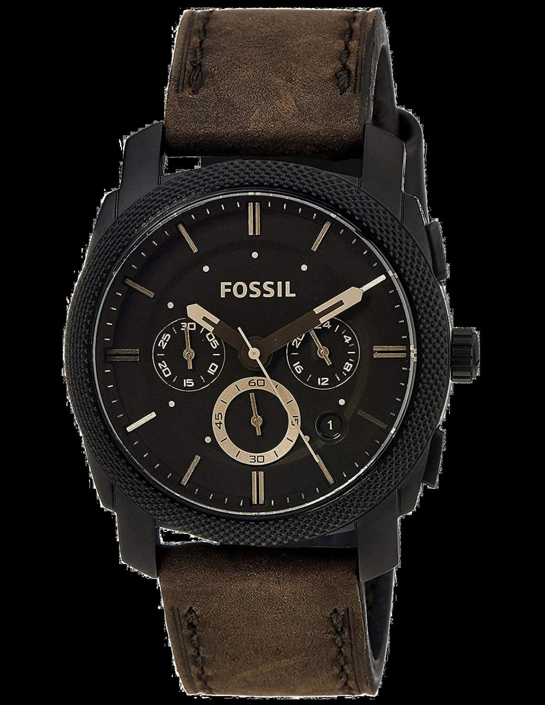 Montre Fossil FS4656 avec cadran noir soleil, index appliqués et aiguilles luminescentes sur fond sombre