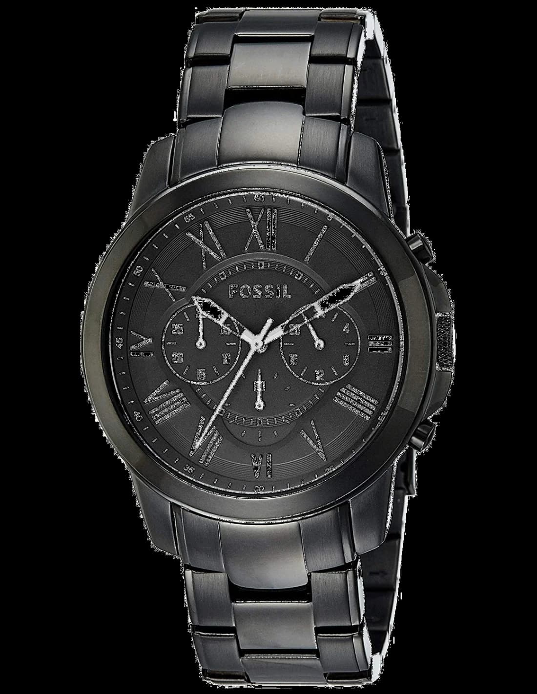 Montre Fossil FS4832 au cadran noir profond avec chiffres romains argentés et boîtier en acier brossé