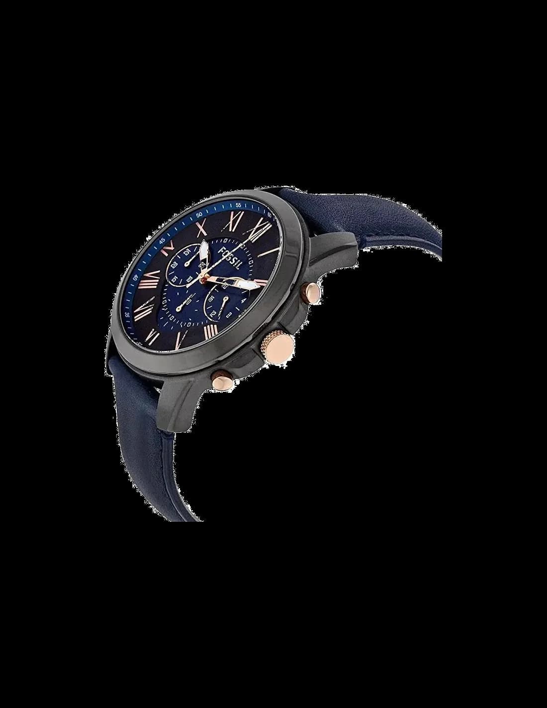 Boîtier Fossil FS5061 rond en acier inoxydable, lunette fixe lisse, vue de profil dévoilant un design épuré et moderne