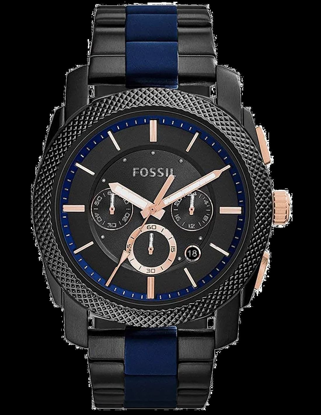 Montre Fossil FS5164 montre bracelet acier bicolore bleu et noir cadran bleu foncé style sport chic