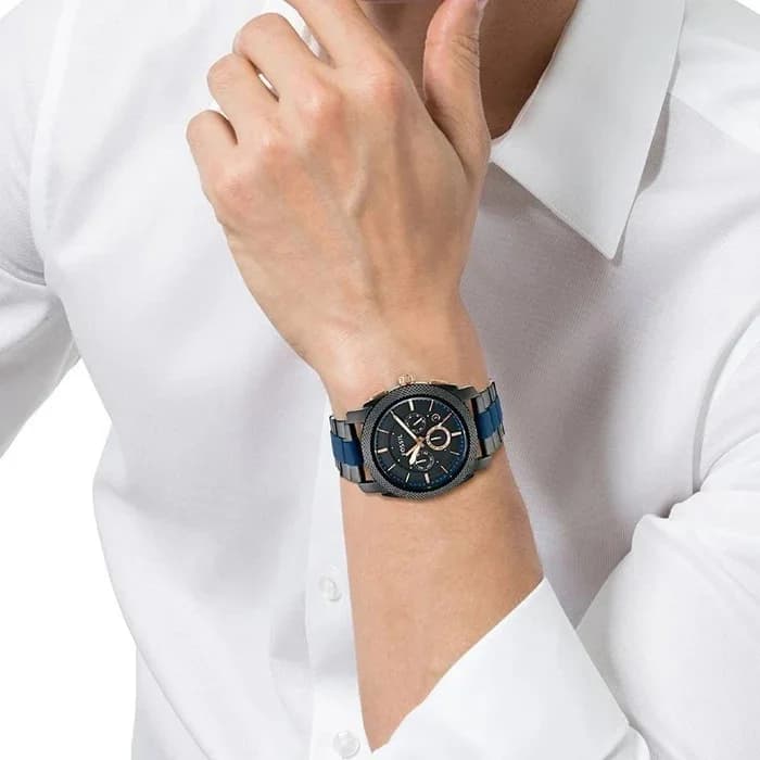 Boîtier Fossil FS5164 boîtier acier bicolore 44mm lunette fixe acier bleu couronne gravée