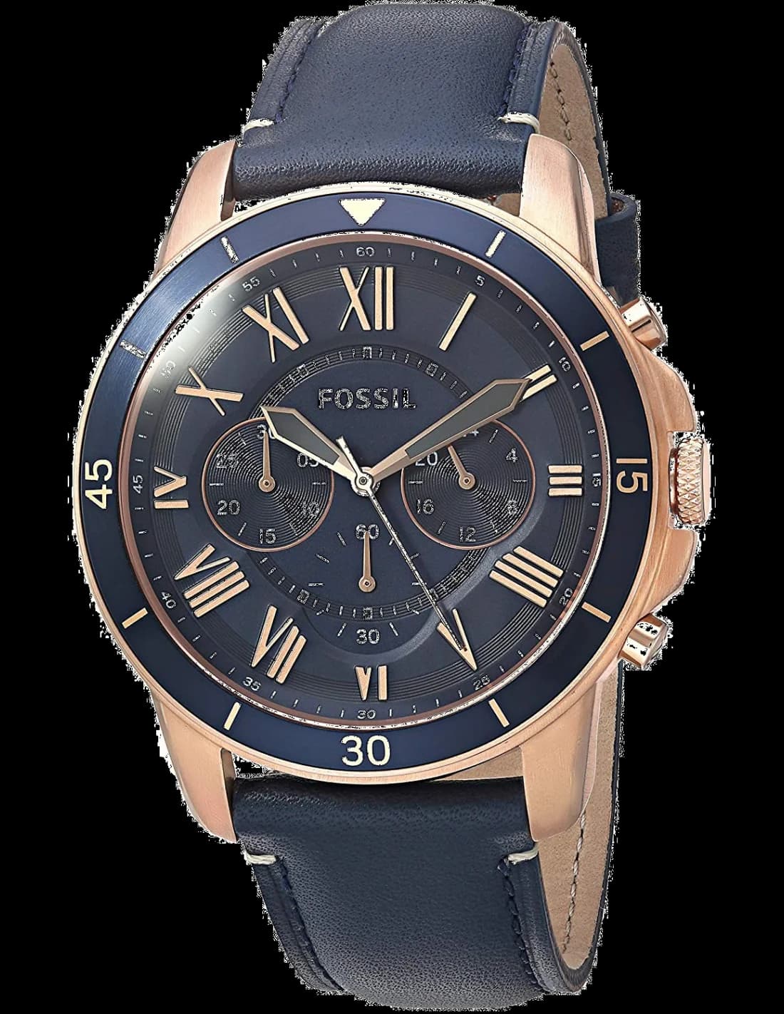 Montre Fossil FS5237 avec cadran bleu soleil, aiguilles argentées et index appliqués sur fond bleu nuit