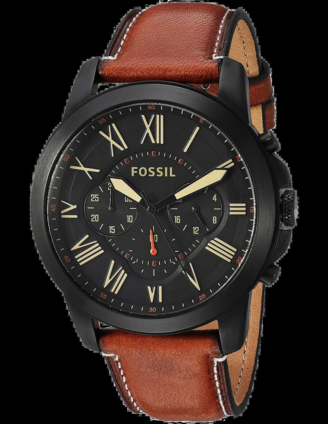 Montre Fossil FS5241 au cadran noir soleil avec index argentés et trotteuse rouge sur fond gris