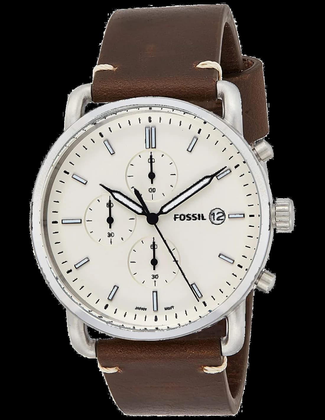 Montre Fossil FS5402 au cadran noir soleil, aiguilles argentées et index bâton, style classique moderne