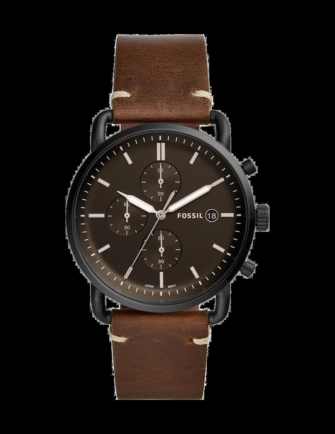 Montre Fossil FS5403 avec cadran bleu soleil et aiguilles argentées sur bracelet cuir marron, style classique moderne