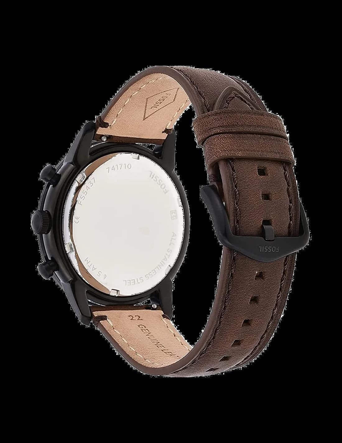 Bracelet Fossil FS5437 en cuir marron avec surpiqûres contrastantes, boucle ardillon en acier brossé assortie au boîtier
