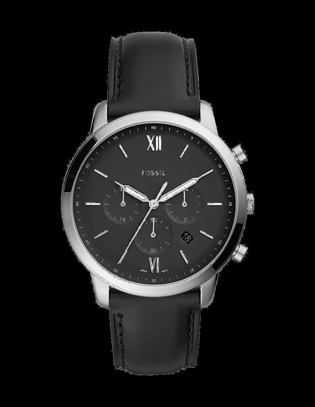 Montre Fossil FS5452 au cadran noir soleillé avec aiguilles argentées et index bâtons, style classique et sportif