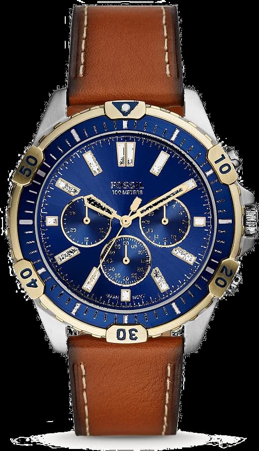 Montre Fossil FS5625 au cadran bleu soleil, aiguilles argentées et index appliqués, style classique sport