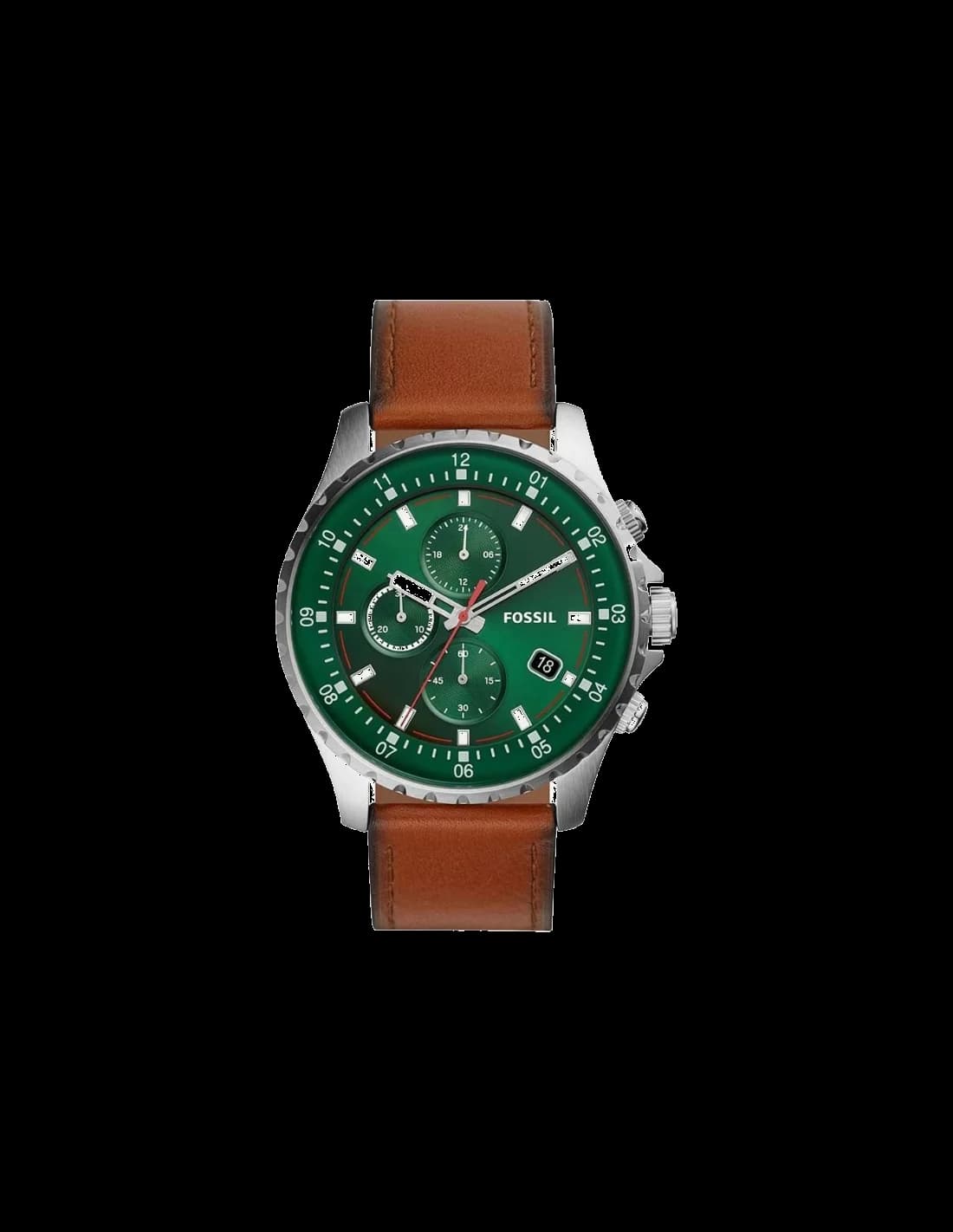Montre Fossil FS5734 au cadran vert soleil et trois compteurs chronographe sur fond vert forêt