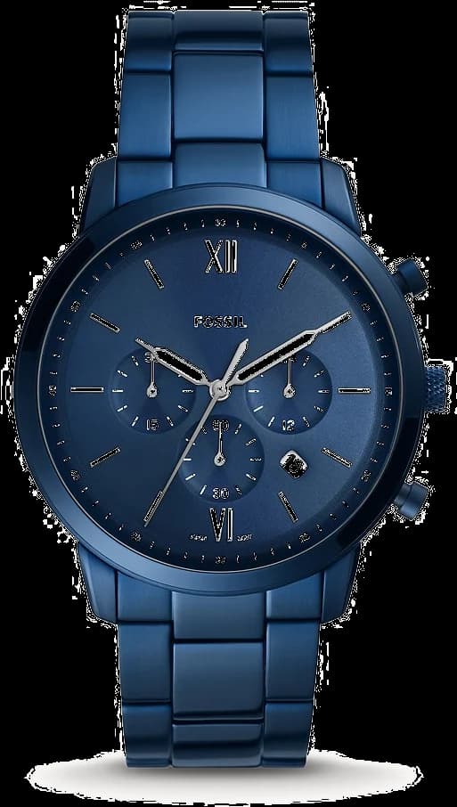 Montre Fossil FS5826 bleu océan avec cadran soleil, aiguilles argentées et index bâtons, style classique moderne