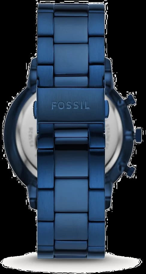 Cadran Fossil FS5826 affichant compteurs chronographe sur fond bleu, aiguilles luminescentes et date à 4h30