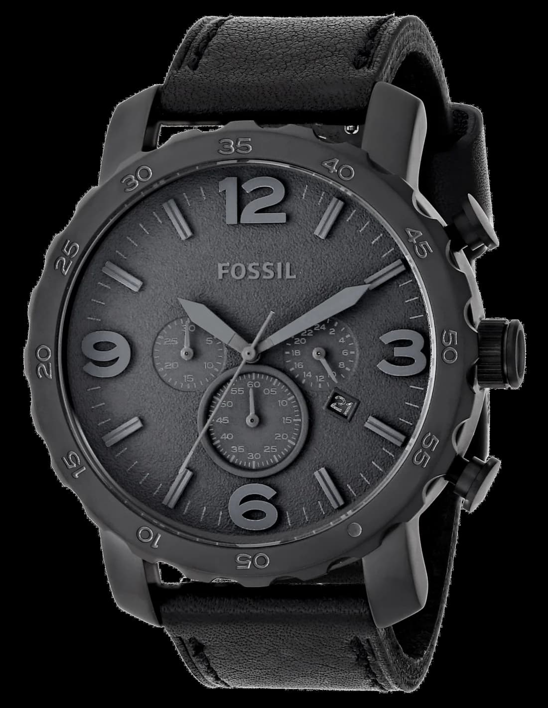 Montre Fossil JR1354 au cadran noir sunburst et index bâtons argentés, style chronographe sportif