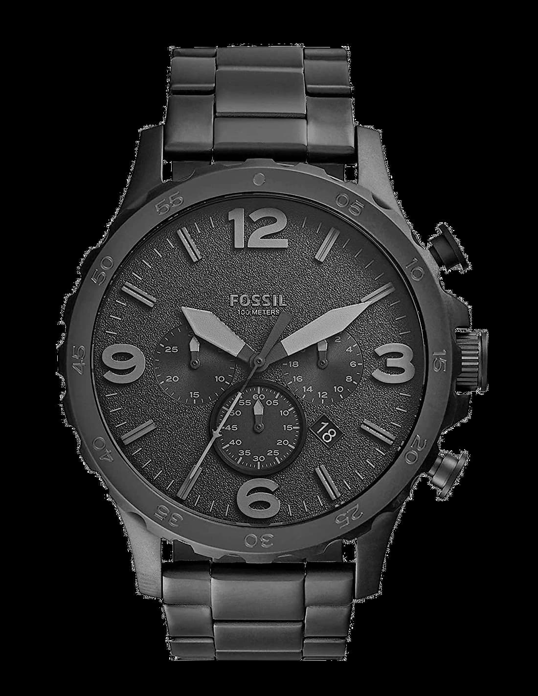 Montre Fossil JR1401 noir chronographe acier IP avec cadran noir et index blancs, style sportif et robuste
