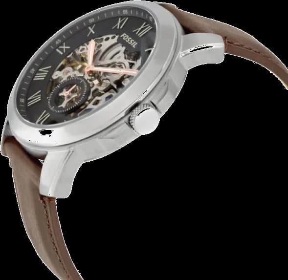 Cadran Fossil ME3095 aux index bâtons argentés, guichet date à 3h, mouvement automatique visible
