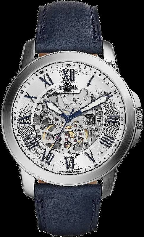 Montre Fossil ME3111 avec cadran bleu soleil, aiguilles argentées et index appliqués, style classique moderne