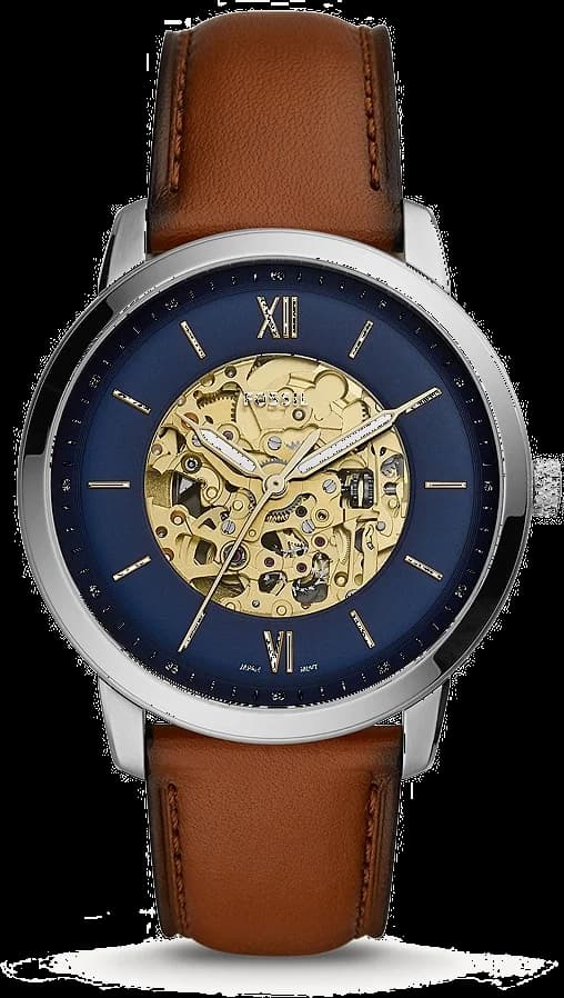 Montre Fossil ME3160 au cadran noir soleil, aiguilles dorées et index bâtons, style classique moderne