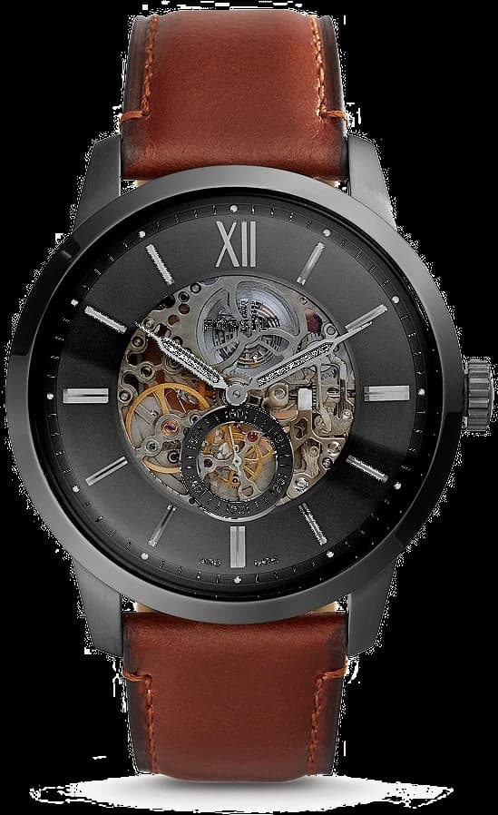 Montre Fossil ME3181 avec cadran gris soleillé et index bâtons sur fond ambré, style classique automatique