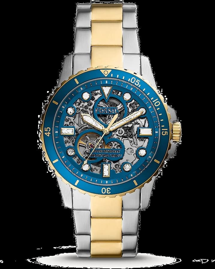 Montre Fossil ME3191 avec cadran noir soleillé, aiguilles et index bicolores, style classique moderne