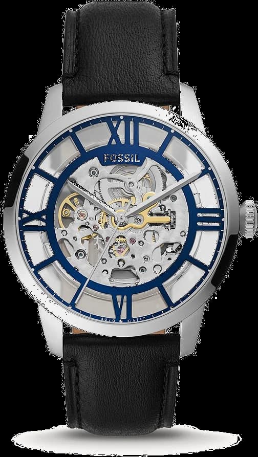 Montre Fossil ME3200 avec cadran squelette noir et mouvement automatique visible, style moderne et élégant