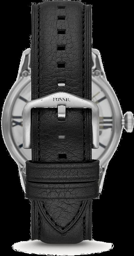 Cadran Fossil ME3200 squelette dévoilant le calibre automatique, index et aiguilles argentés sur fond noir
