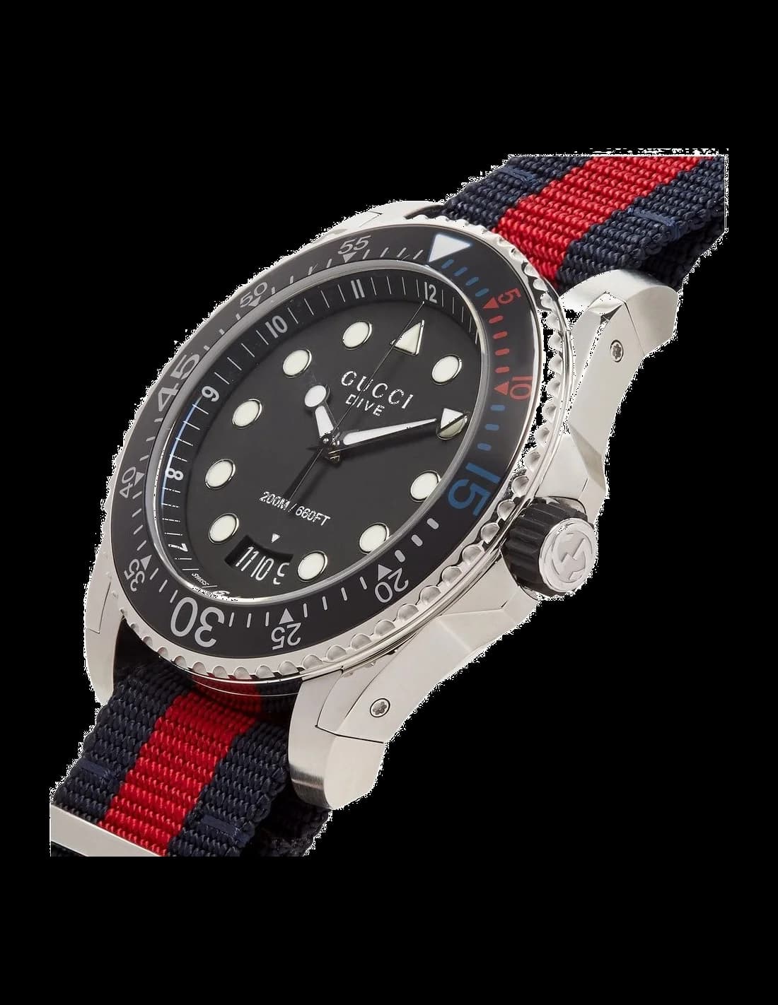 Cadran Gucci YA136210 bleu soleil, index appliques blancs, aiguilles luminescentes et date à 3h