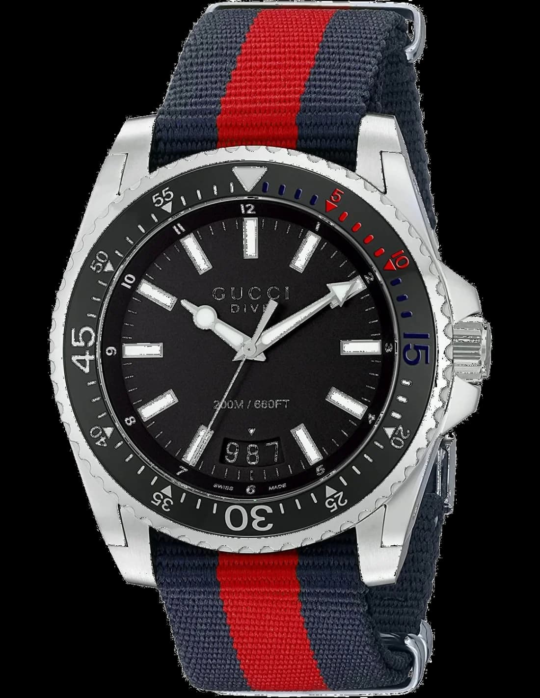 Montre Gucci YA136210 avec cadran bleu soleil, index bâtons et aiguilles luminescentes, style sport élégant