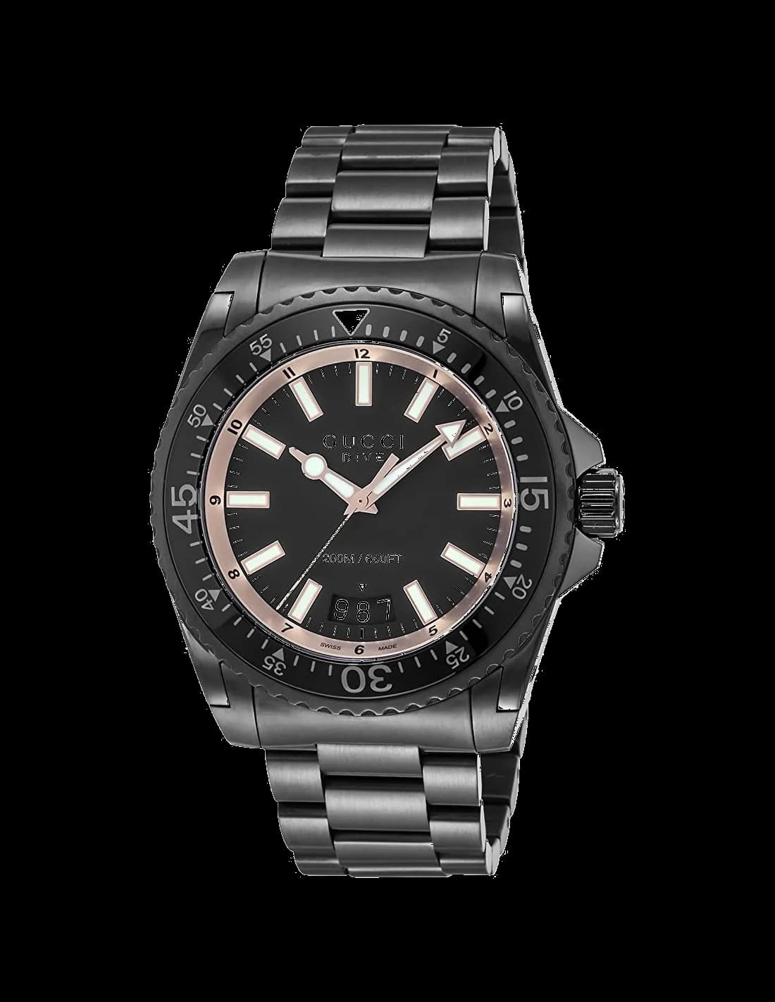 Montre Gucci YA136213 avec cadran noir et lunette tournante noire, style plongée sportif