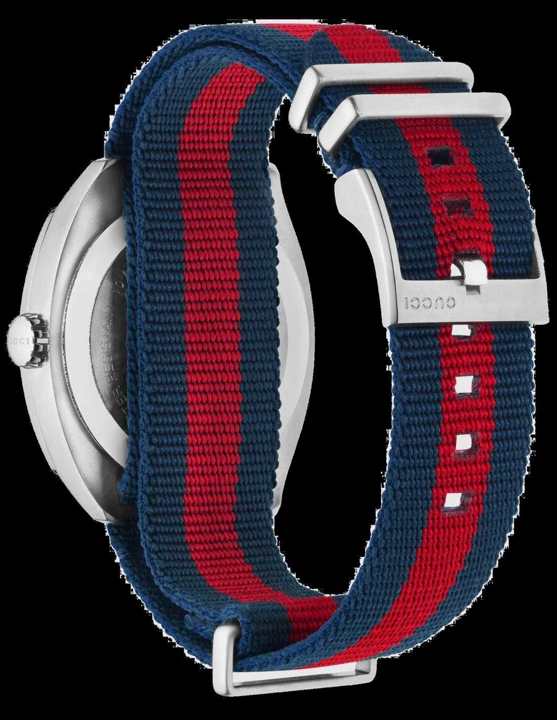 Bracelet Gucci YA142304 en nylon rouge et bleu signature de la maison, fermoir déployant en acier inoxydable