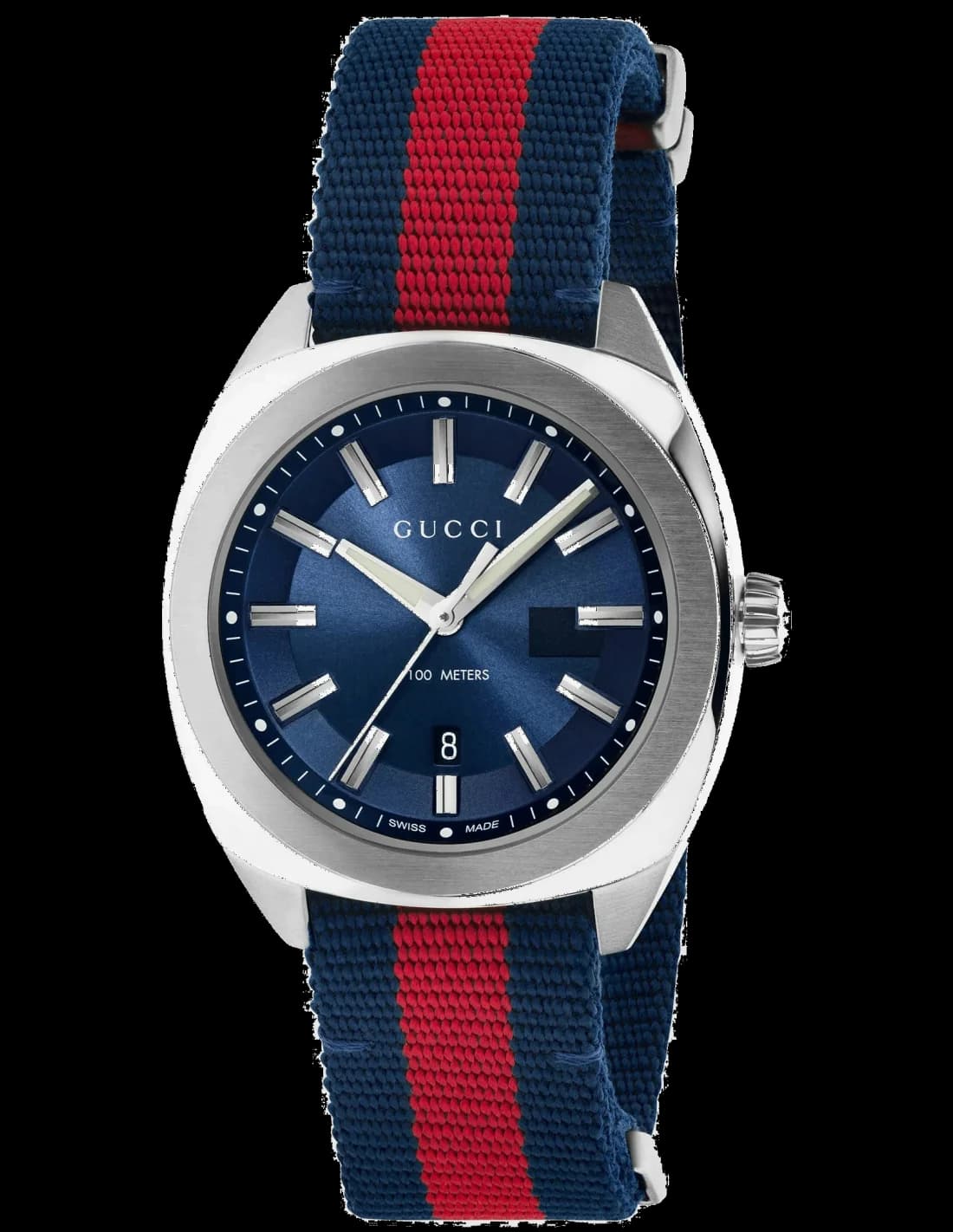 Montre Gucci YA142304 avec cadran noir et index argentés sur bracelet nylon bleu et rouge emblématique