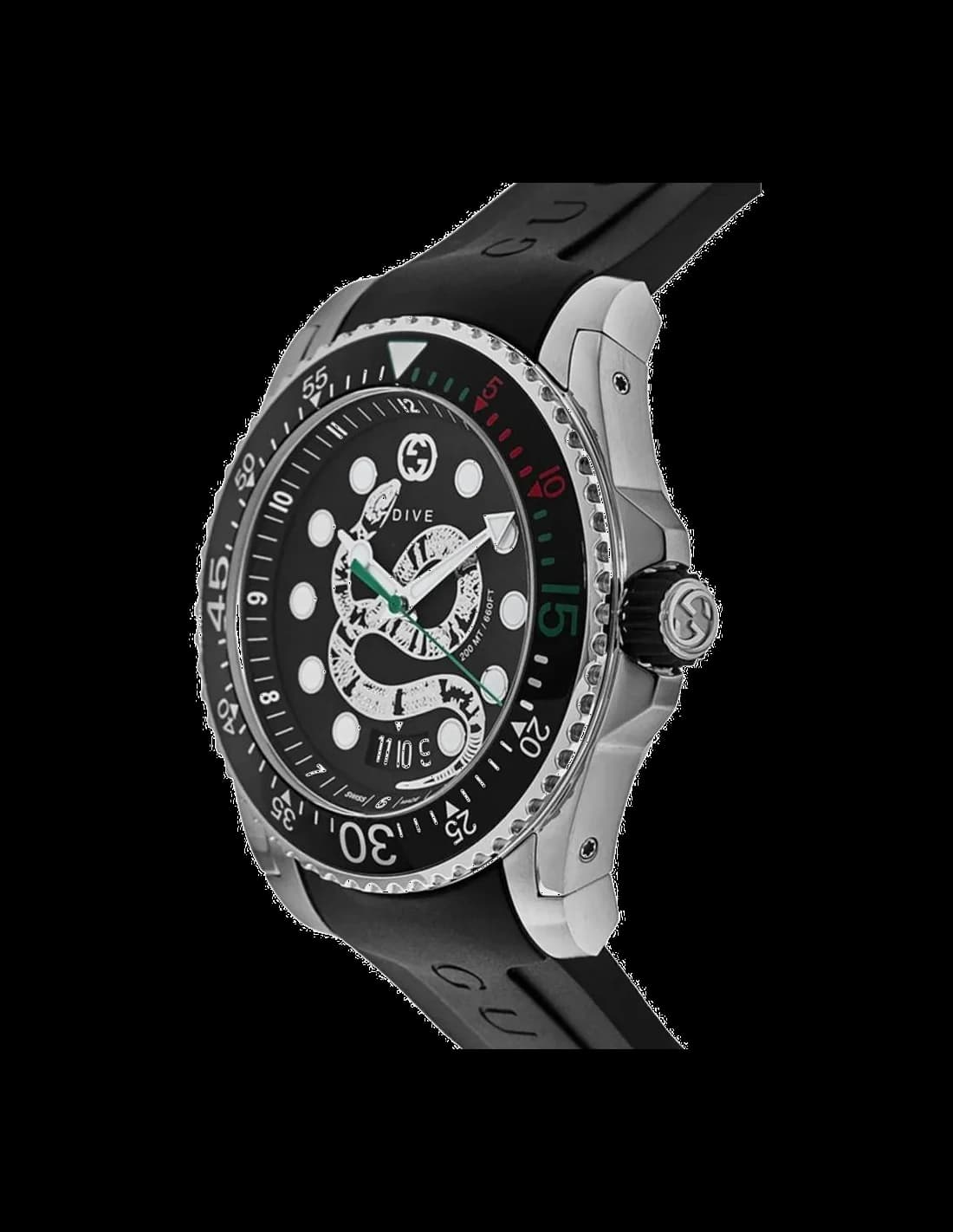 Cadran Gucci YA136217 noir soleillé aux index appliqués, aiguilles luminescentes, date à 3h, logo Gucci