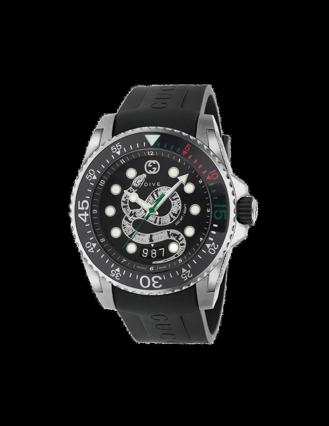 Montre Gucci YA136217 avec cadran noir soleil, index bâtons et aiguilles luminescents, style sport chic