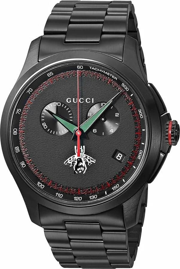 Montre Gucci YA126269 noire cadran noir soleil avec index bâtons et logo signature, style sport chic