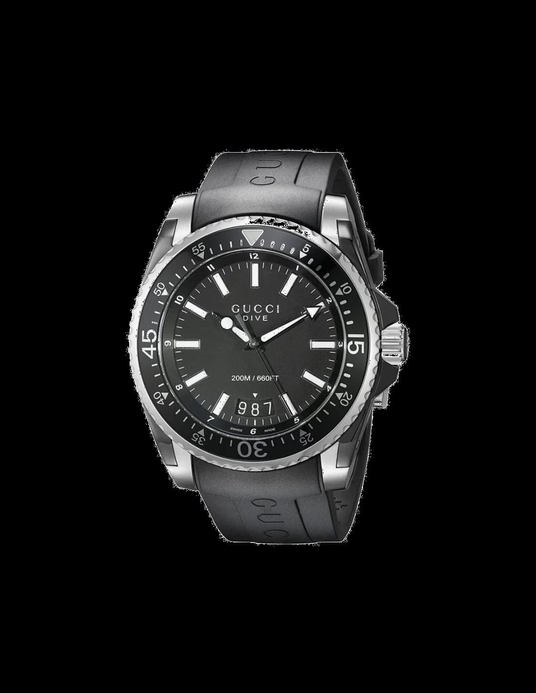 Montre Gucci YA136204 en vue principale avec cadran noir soleil et lunette tournante bleue