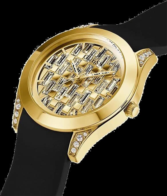 Cadran Guess GW0109L1 avec index bâtons et aiguilles argentés, date à 3h, fond noir texturé
