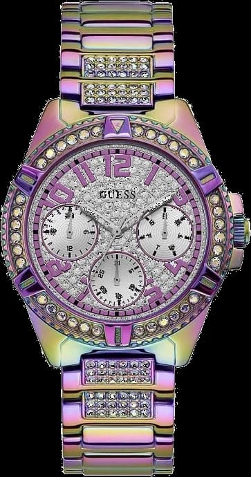 Montre Guess GW0044L1 avec cadran violet multicolore et index argentés, style élégant et moderne