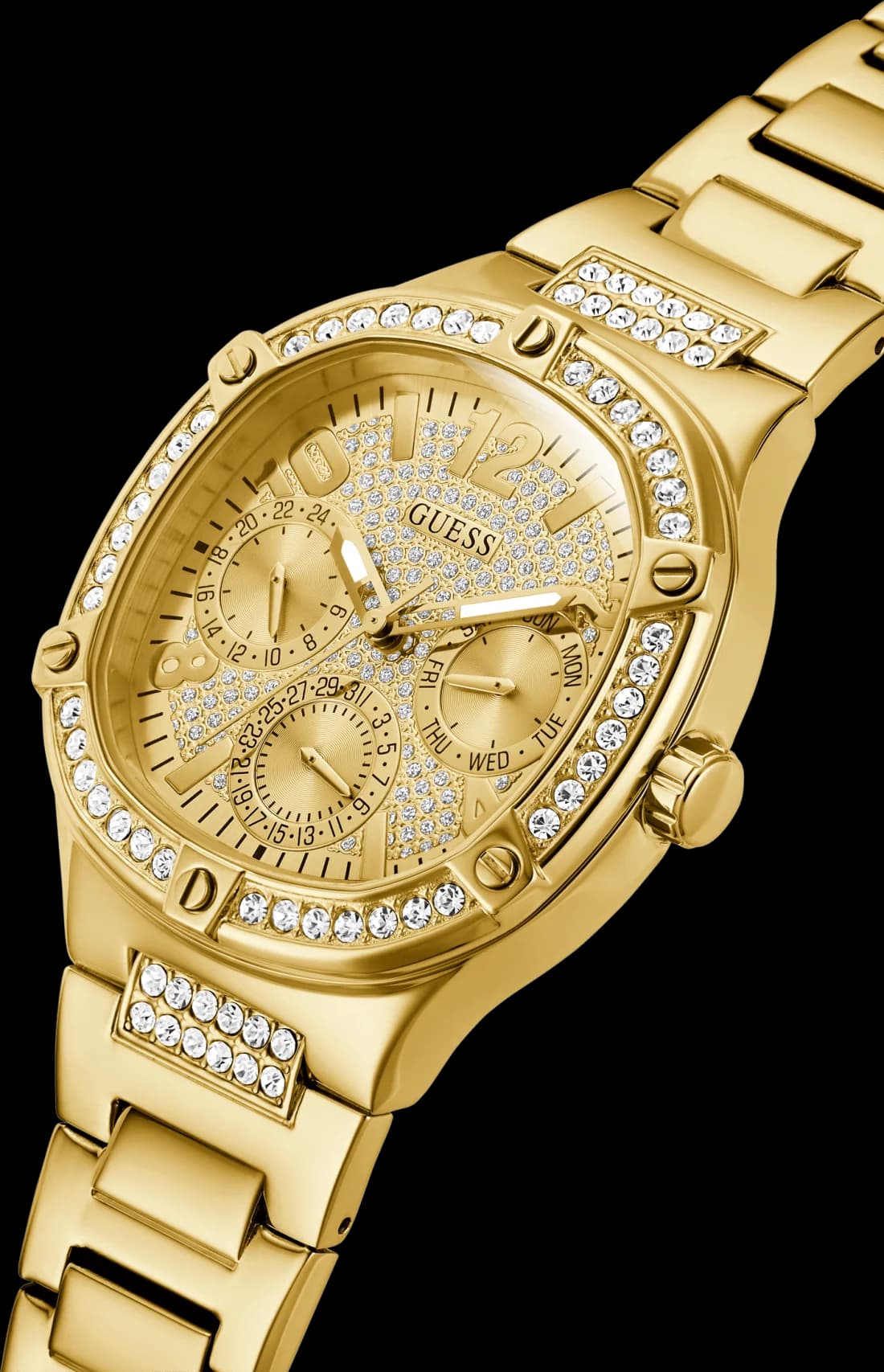 Cadran Guess GW0558L2 à motif guilloché, aiguilles dorées, compteurs multifonctions et date à 4h30