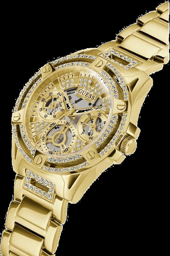 Cadran Guess GW0464L2 orné de cristaux scintillants avec index dorés et aiguilles fines