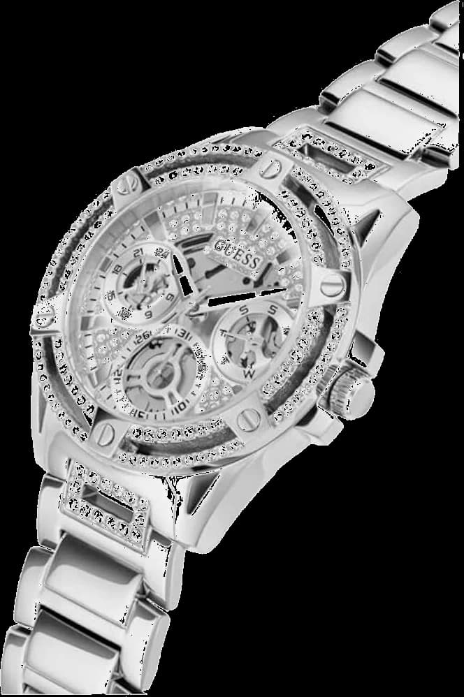 Cadran Guess GW0464L1 orné de cristaux étincelants, index bâtons et aiguilles argentées pour une lisibilité raffinée