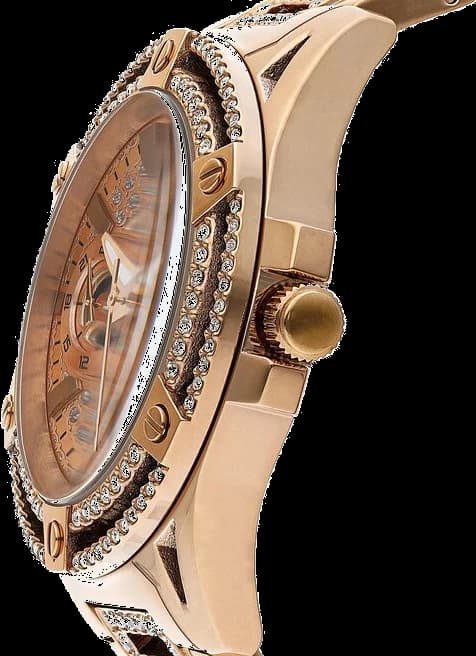 Cadran Guess GW0464L3 avec cristaux scintillants, index bâtons et aiguilles dorées, complication date à 3h