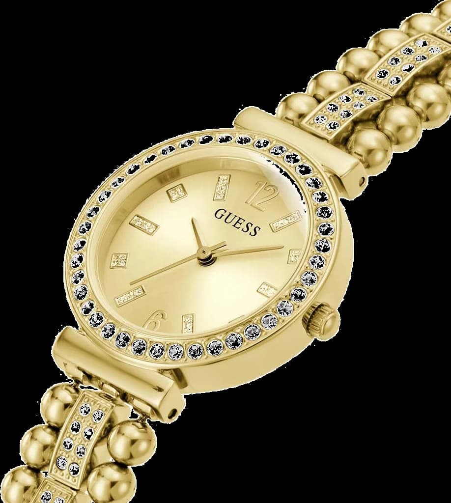 Cadran Guess GW0401L2 blanc nacré avec index dorés, aiguilles fines et date à 3h, élégance féminine