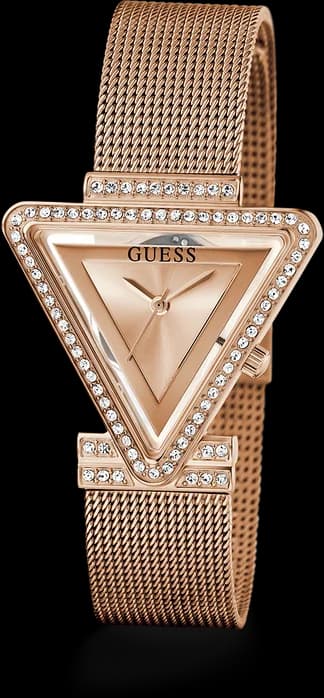 Cadran Guess GW0508L3 blanc nacré orné de strass et index dorés, aiguilles bleuies et date à 3h
