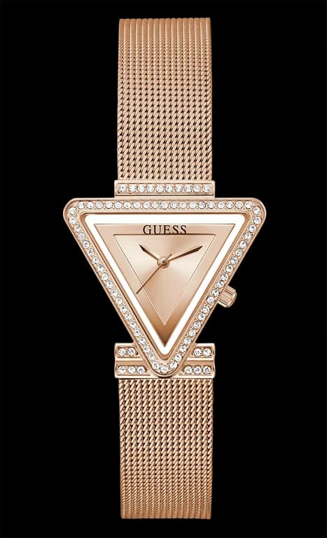 Montre Guess GW0508L3 au cadran blanc nacré avec index dorés et aiguilles or rose, style chic et féminin
