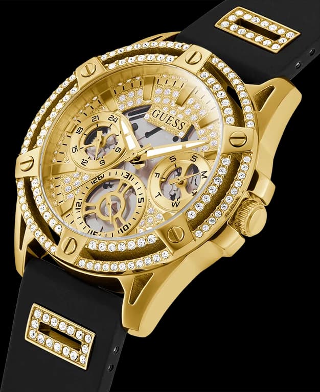Cadran Guess GW0536L3 avec index chiffres romains et strass, aiguilles dorées, guichet date à 3h
