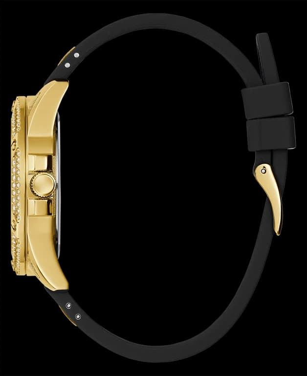 Bracelet Guess GW0536L3 en silicone noir souple, fermoir boucle ardillon, contraste avec le boîtier doré