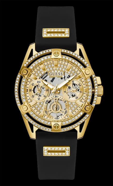 Montre Guess GW0536L3 au cadran blanc orné de strass et aiguilles dorées, style élégant et féminin