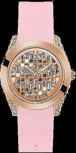Montre Guess GW0109L2 avec cadran blanc et index dorés, boîtier or rose et bracelet silicone rose
