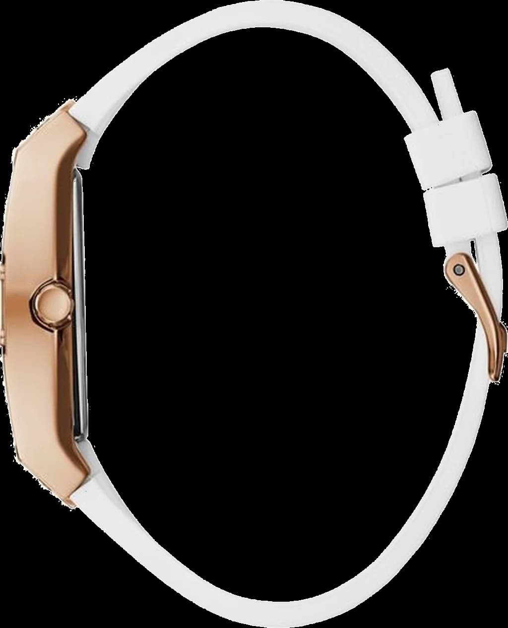 Bracelet Guess GW0105L3 en silicone blanc souple, boucle ardillon or rose, confortable et chic