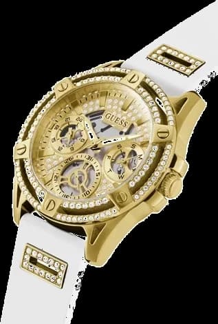 Cadran Guess GW0536L2 blanc à index dorés et aiguilles, finitions brillantes et sobres