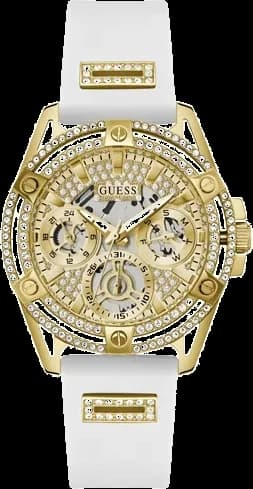 Montre Guess GW0536L2 avec cadran blanc et boîtier doré orné de strass, style élégant et féminin